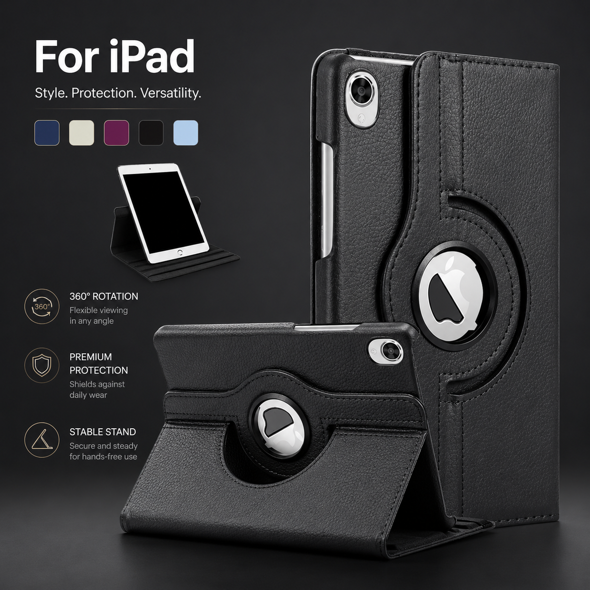 Premium iPad Case 360 Rotating Stand PU Leather Smart Cover Protective Tablet Case Multi Angle Viewing Auto Sleep Wake Slim Lightweight Design