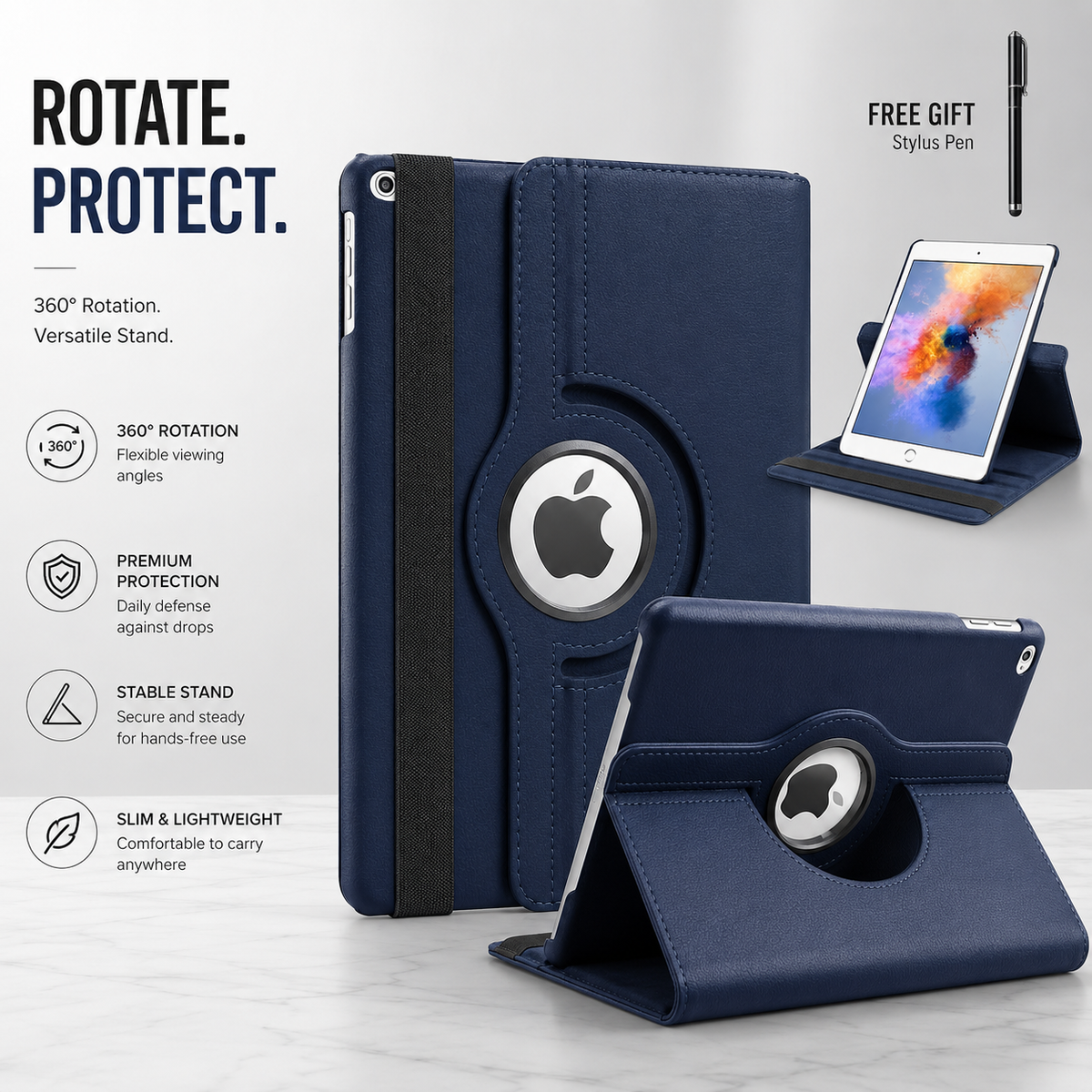 Premium iPad Case 360 Rotating Stand PU Leather Smart Cover Protective Tablet Case Multi Angle Viewing Auto Sleep Wake Slim Lightweight Design