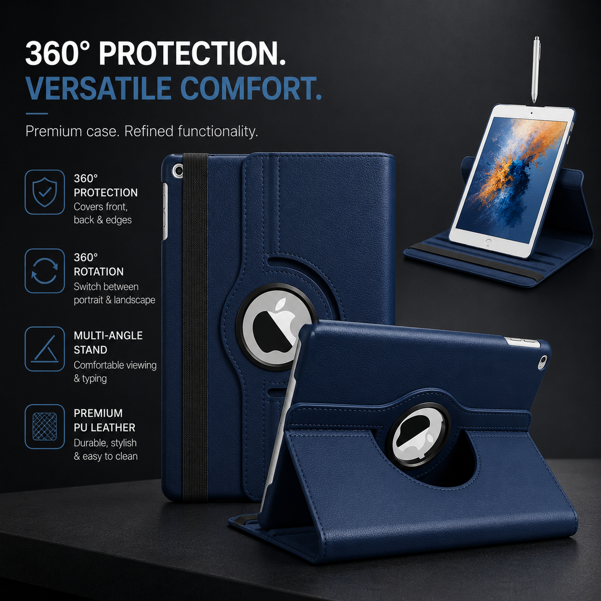 Premium iPad Case 360 Rotating Stand PU Leather Smart Cover Protective Tablet Case Multi Angle Viewing Auto Sleep Wake Slim Lightweight Design
