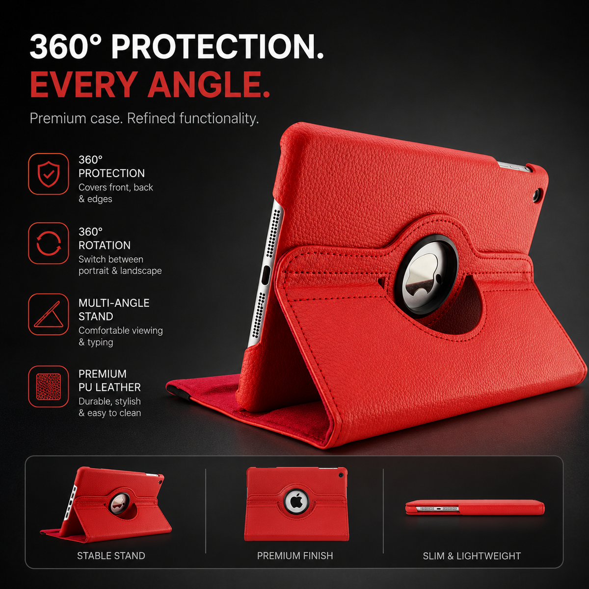 Premium iPad Case 360 Rotating Stand PU Leather Smart Cover Protective Tablet Case Multi Angle Viewing Auto Sleep Wake Slim Lightweight Design