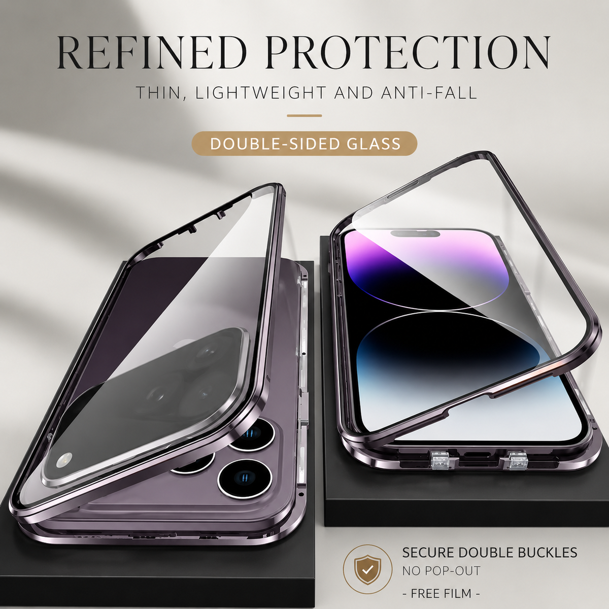 Premium iPhone Case 360 Full Protection Magnetic Glass Cover Aluminum Frame Snap Lock Shockproof Anti Scratch Clear Full Coverage Protective Case
