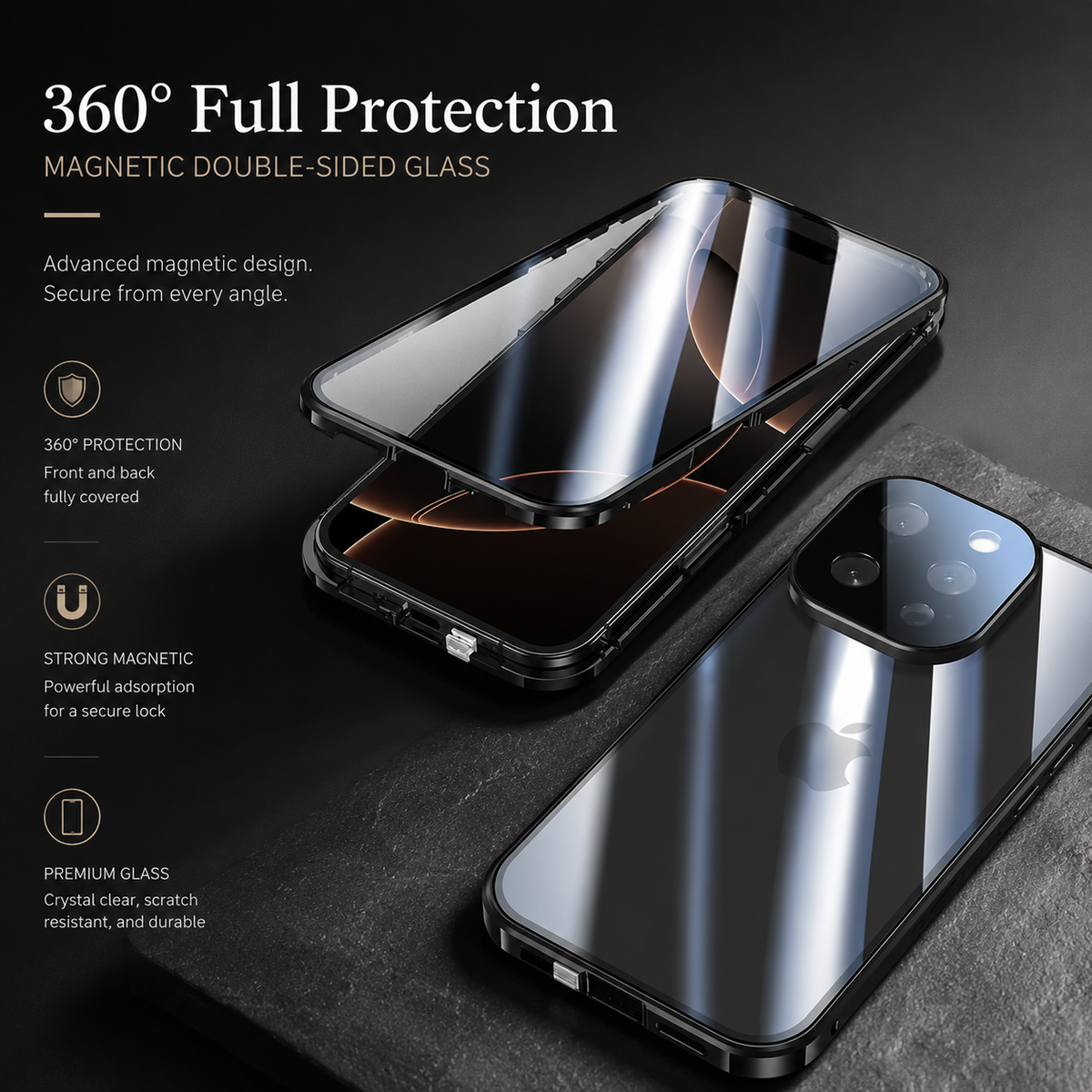Premium iPhone Case 360 Full Protection Magnetic Glass Cover Aluminum Frame Snap Lock Shockproof Anti Scratch Clear Full Coverage Protective Case