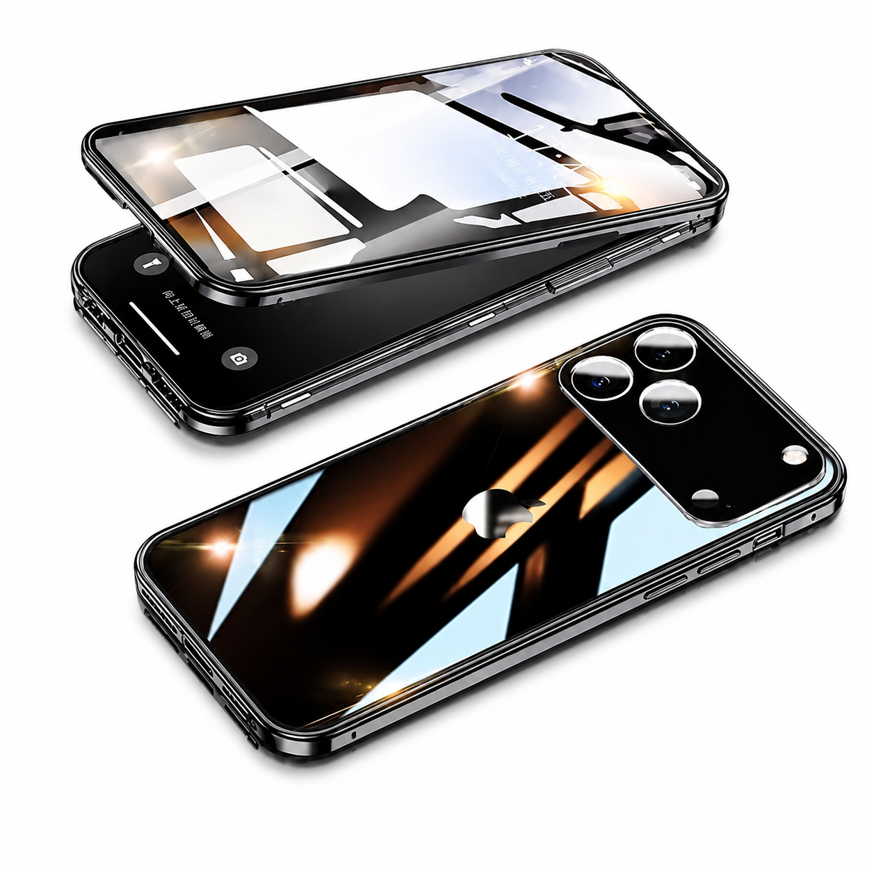 Premium iPhone Case 360 Full Protection Magnetic Glass Cover Aluminum Frame Snap Lock Shockproof Anti Scratch Clear Full Coverage Protective Case
