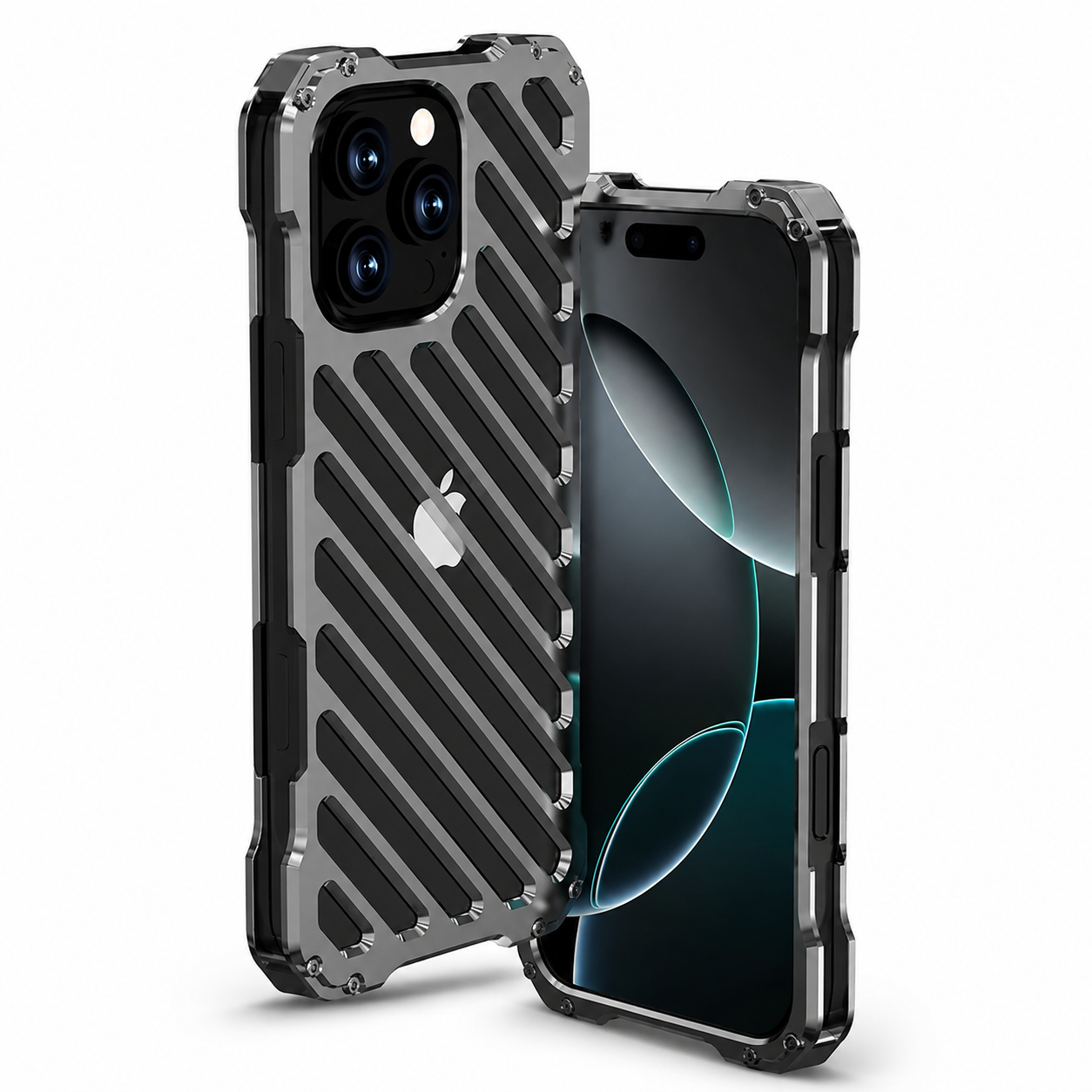 Premium iPhone Case Aluminum Armor Bumper Shockproof Transparent Hard Cover 3D Camera Lens Protection Rugged Metal Gear Anti Slip Full Coverage Design