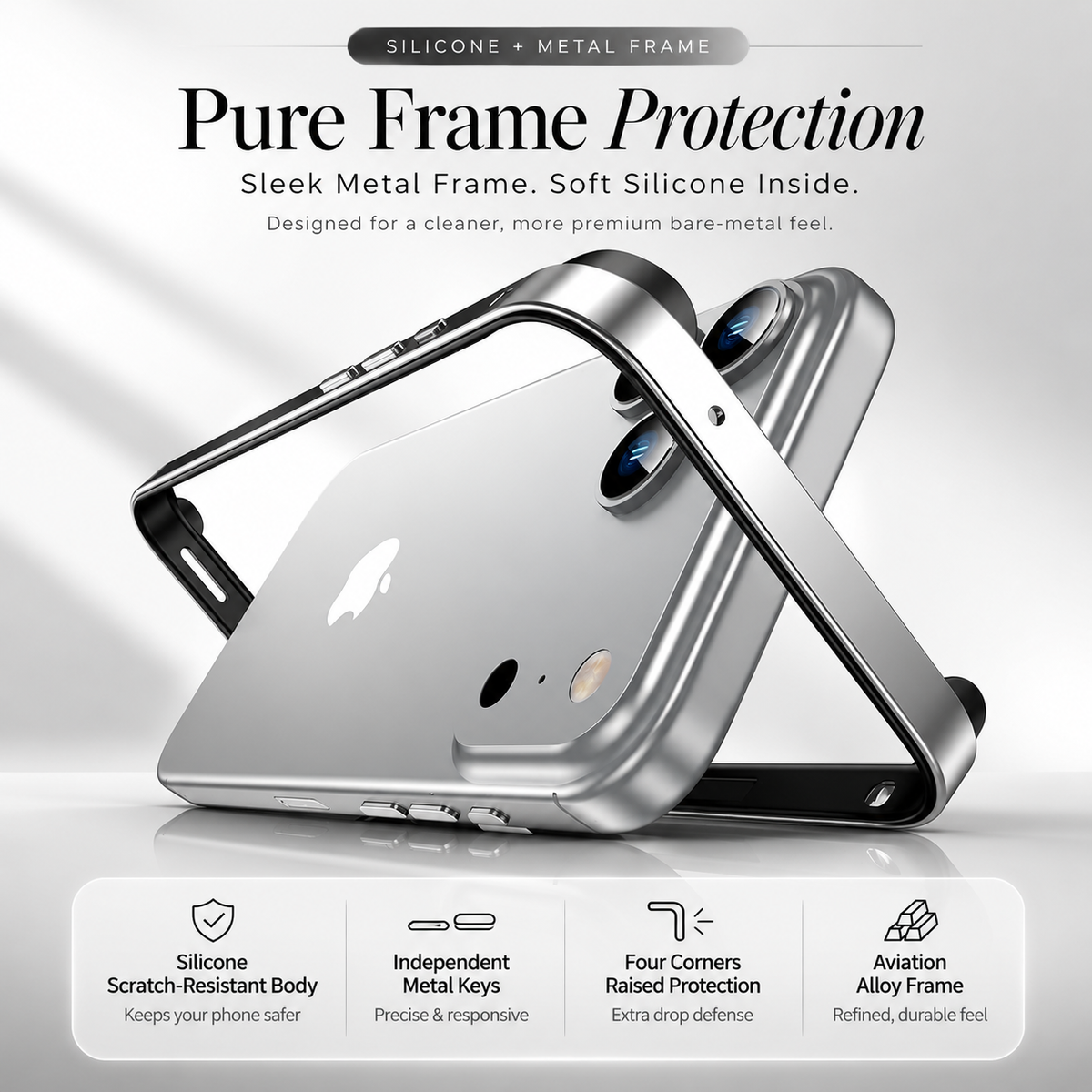 Premium iPhone Case Aluminum Metal Frame Bumper Cover Silicone Shockproof Protection Durable Slim Half Wrapped Camera Protection Full Coverage