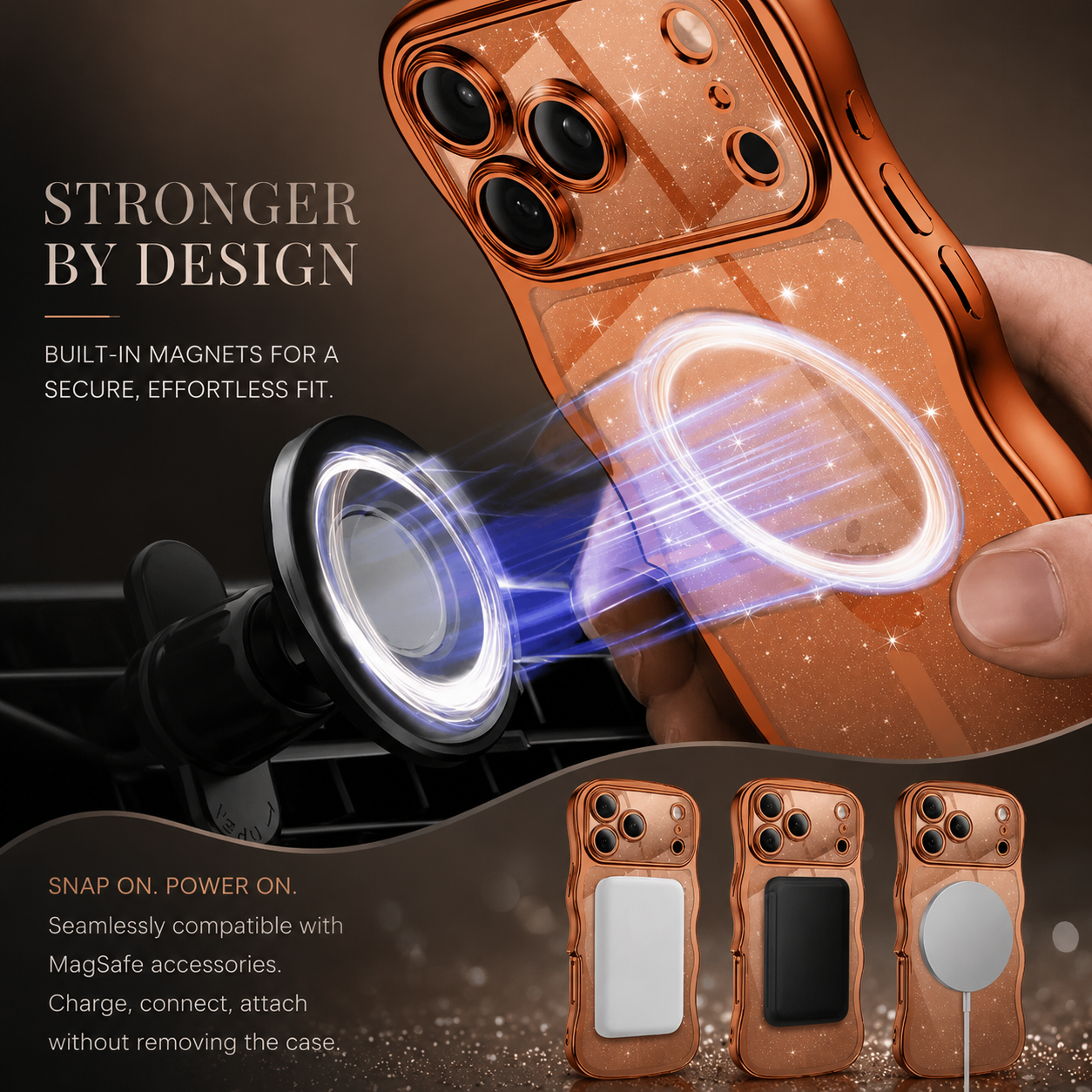 Premium iPhone Case Clear Glitter Magnetic Hard Cover MagSafe Compatible Wavy Frame Anti Slip Anti Scratch Lightweight Full Coverage Protective Design