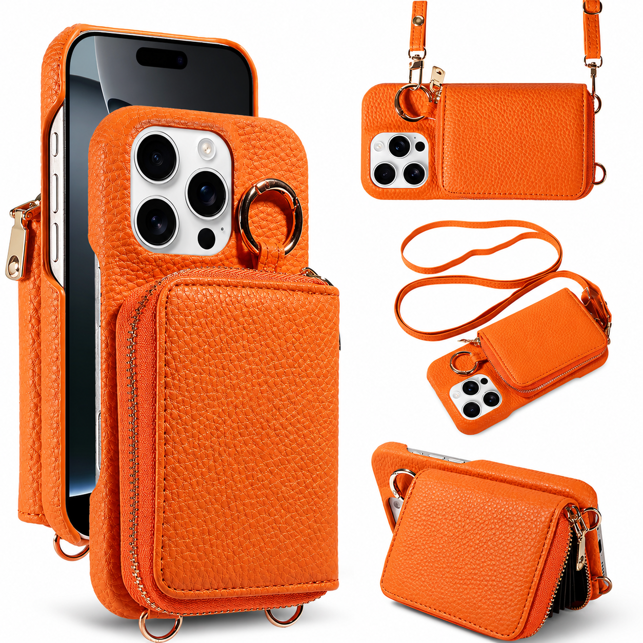Premium iPhone Case Crossbody Wallet Cover Faux Leather Card Holder Ring Stand Shockproof Anti Scratch Lightweight Full Coverage Protective Design