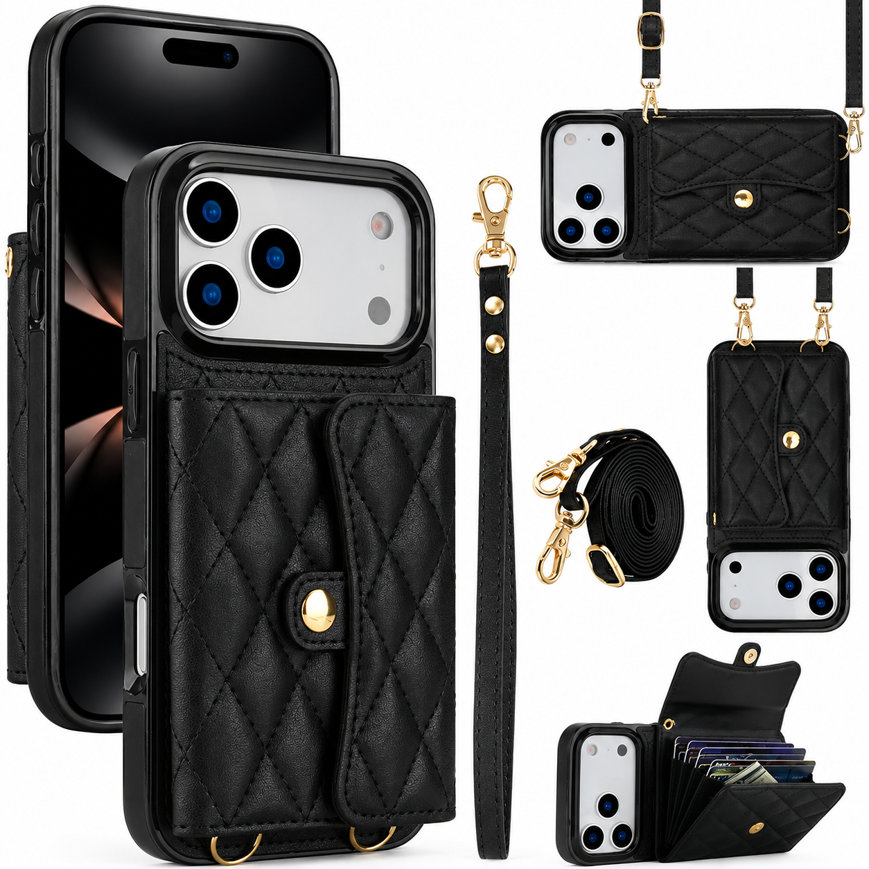 Premium iPhone Case Crossbody Wallet Cover Leather Card Holder Coin Pocket Shoulder Strap Wrist Lanyard Shockproof Full Coverage Protective Design