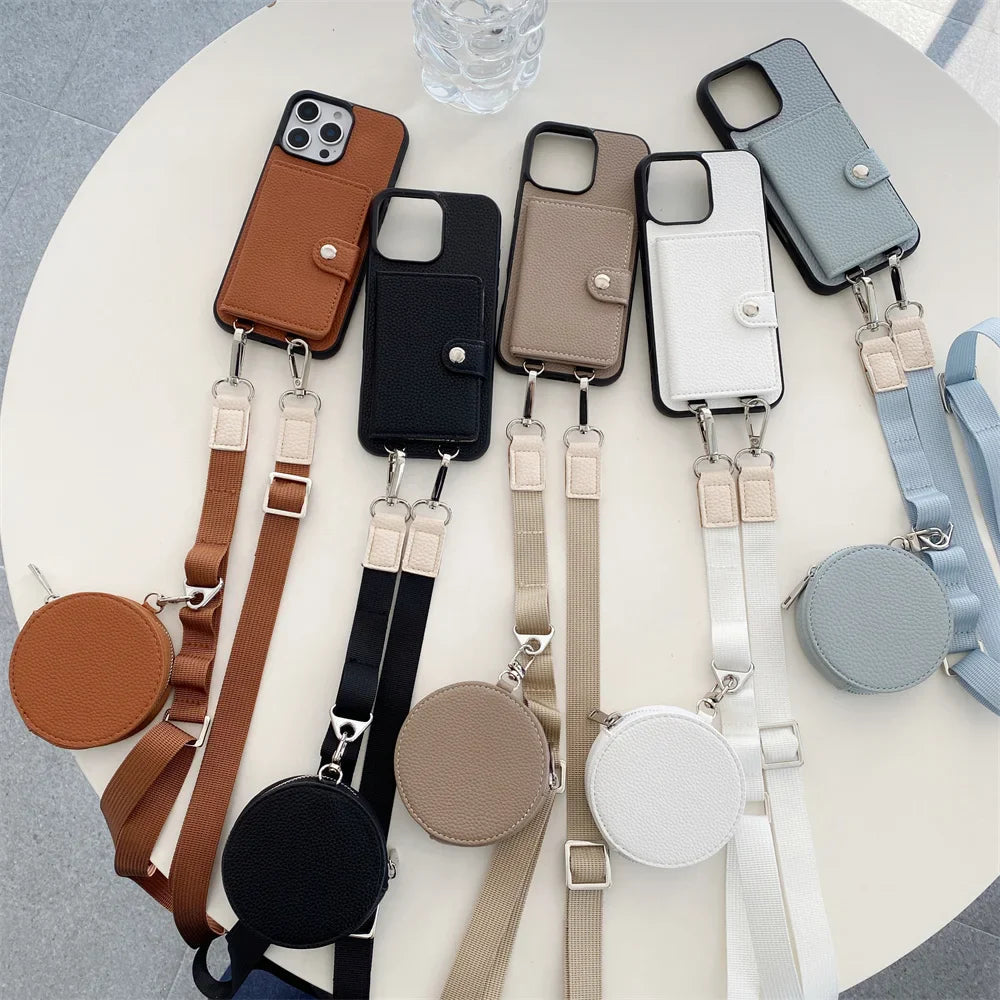 Premium iPhone Case Crossbody Wallet Cover PU Leather RFID Card Holder Coin Pocket Magnetic Closure Shoulder Strap Shockproof Full Protection Slim Design