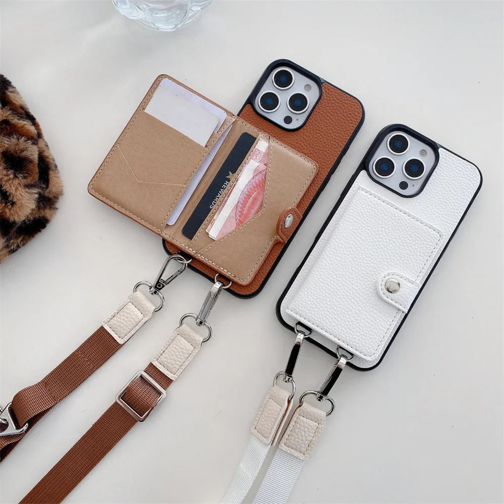 Premium iPhone Case Crossbody Wallet Cover PU Leather RFID Card Holder Coin Pocket Magnetic Closure Shoulder Strap Shockproof Full Protection Slim Design