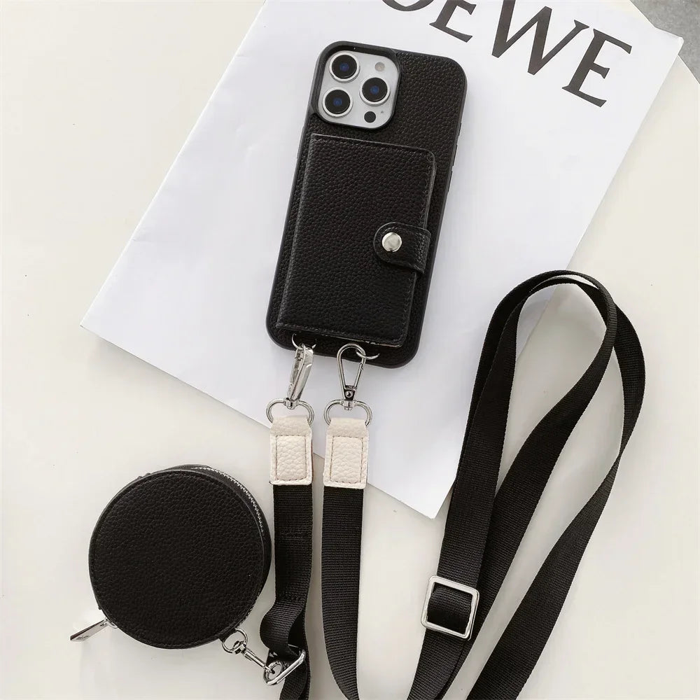 Premium iPhone Case Crossbody Wallet Cover PU Leather RFID Card Holder Coin Pocket Magnetic Closure Shoulder Strap Shockproof Full Protection Slim Design