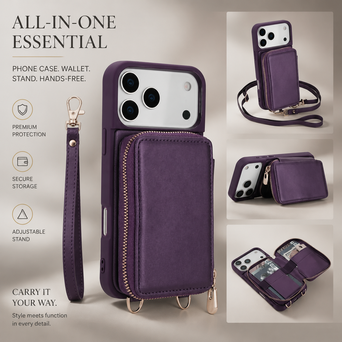 Premium iPhone Case Crossbody Wallet Leather Flip Cover RFID Card Holder Zipper Storage Shoulder Strap Shockproof Protective Full Coverage Design