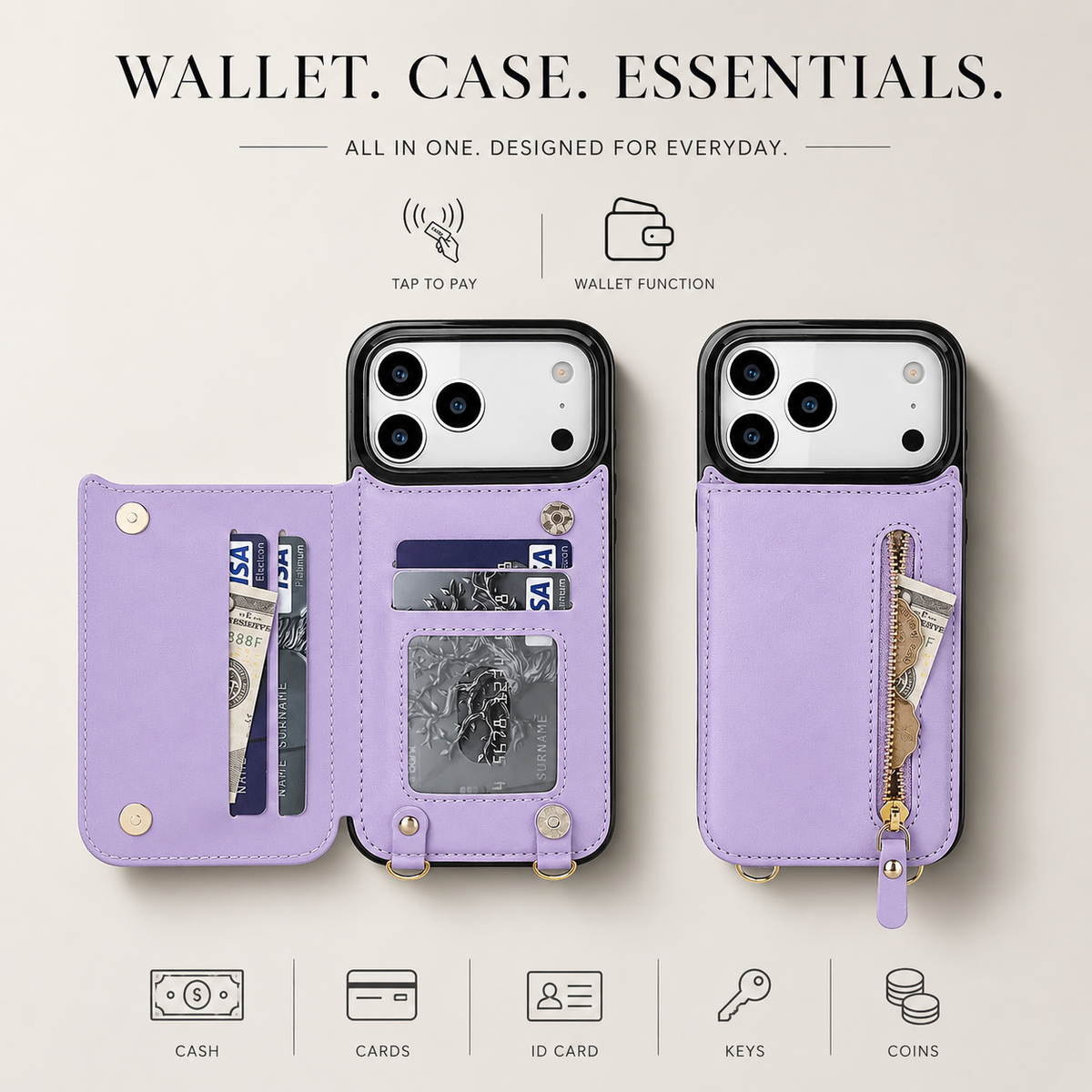 Premium iPhone Case Crossbody Wallet Leather Protective Cover RFID Card Holder Zipper Pocket Lanyard Strap Shockproof Anti Fingerprint Non Slip Full Coverage Design