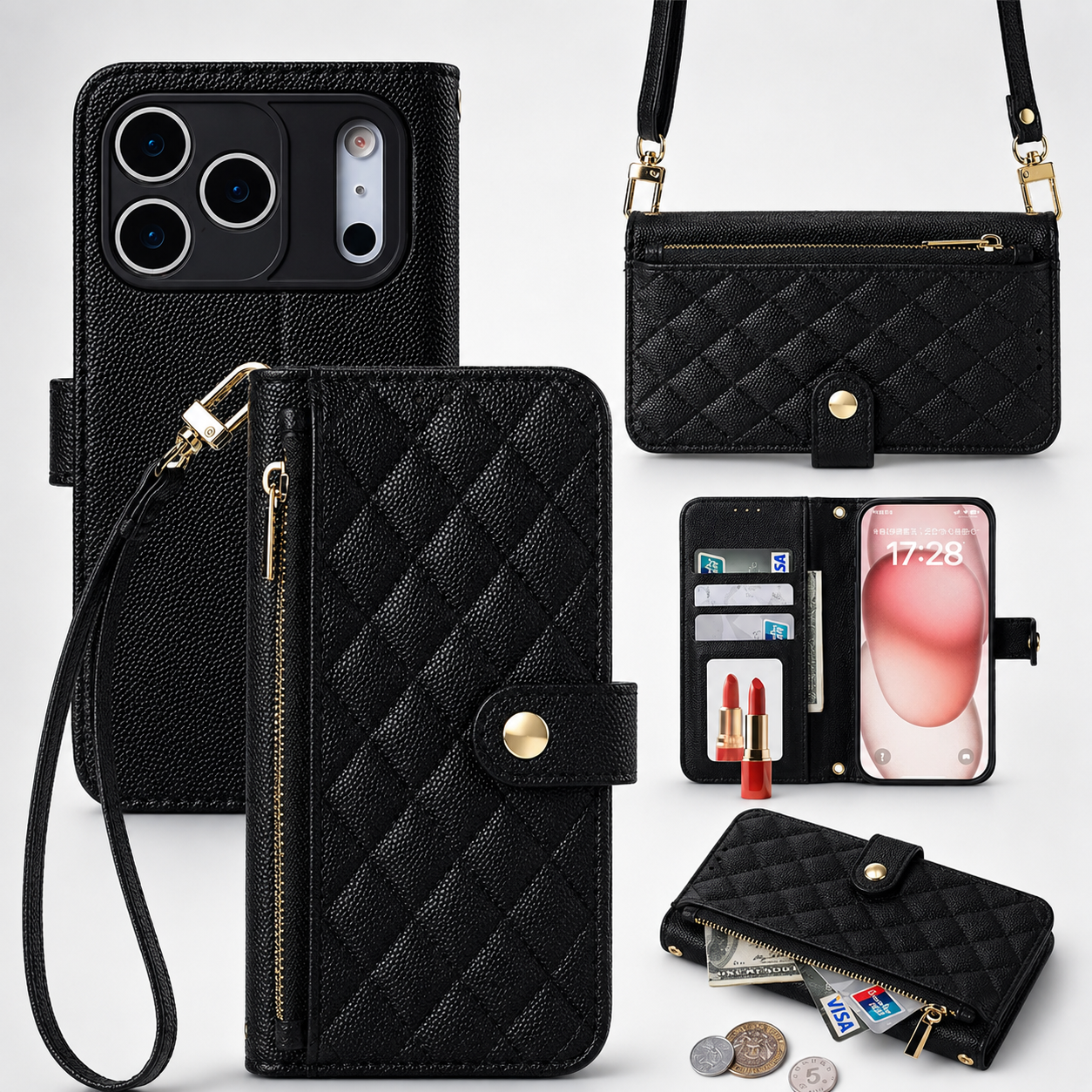 Premium iPhone Case Crossbody Wallet PU Leather Cover Card Holder Lanyard Strap Shockproof Anti Scratch Non Slip Full Coverage Slim Design