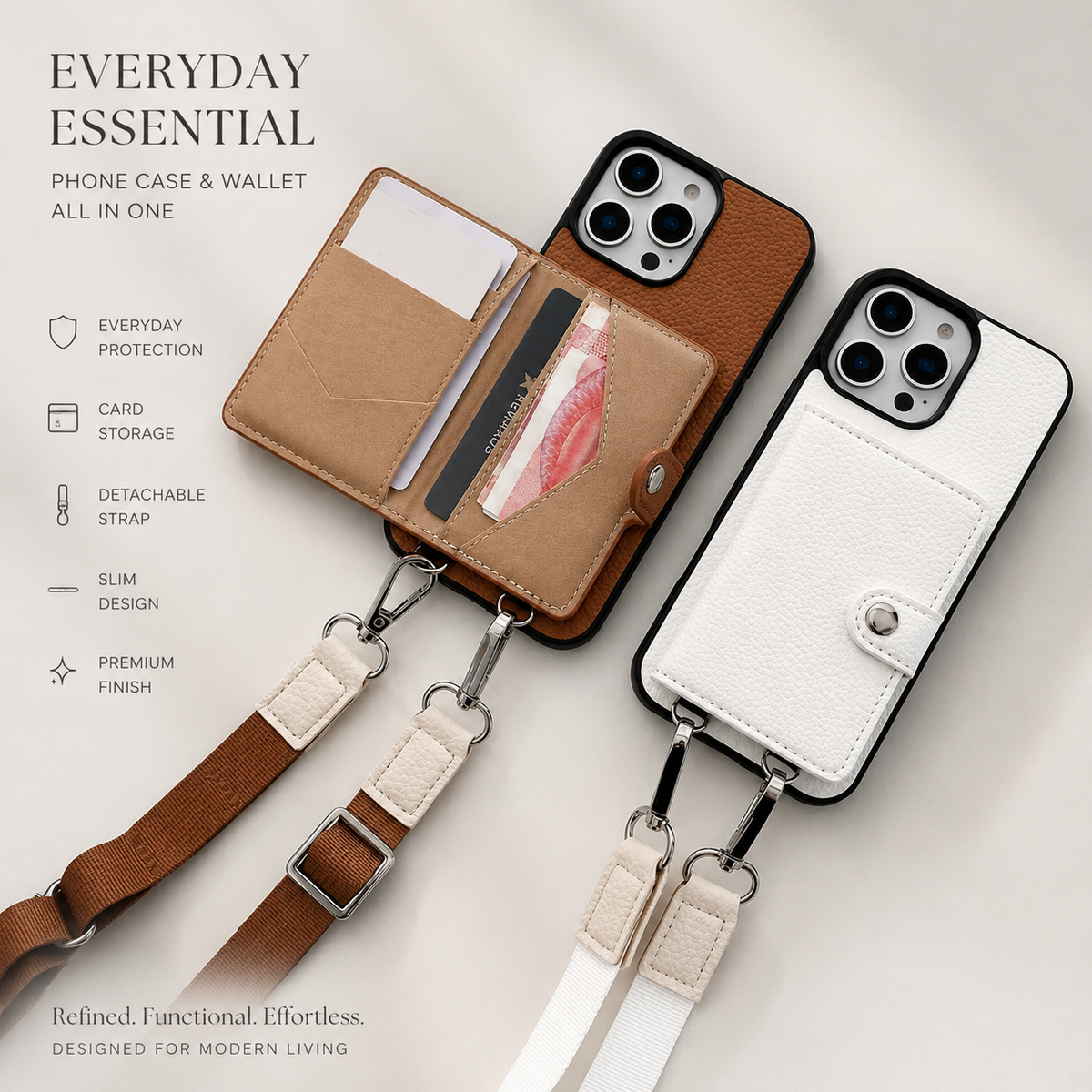 Premium iPhone Case Crossbody Wallet PU Leather RFID Card Holder Coin Pocket Shoulder Strap Magnetic Closure Shockproof Slim Protective Design