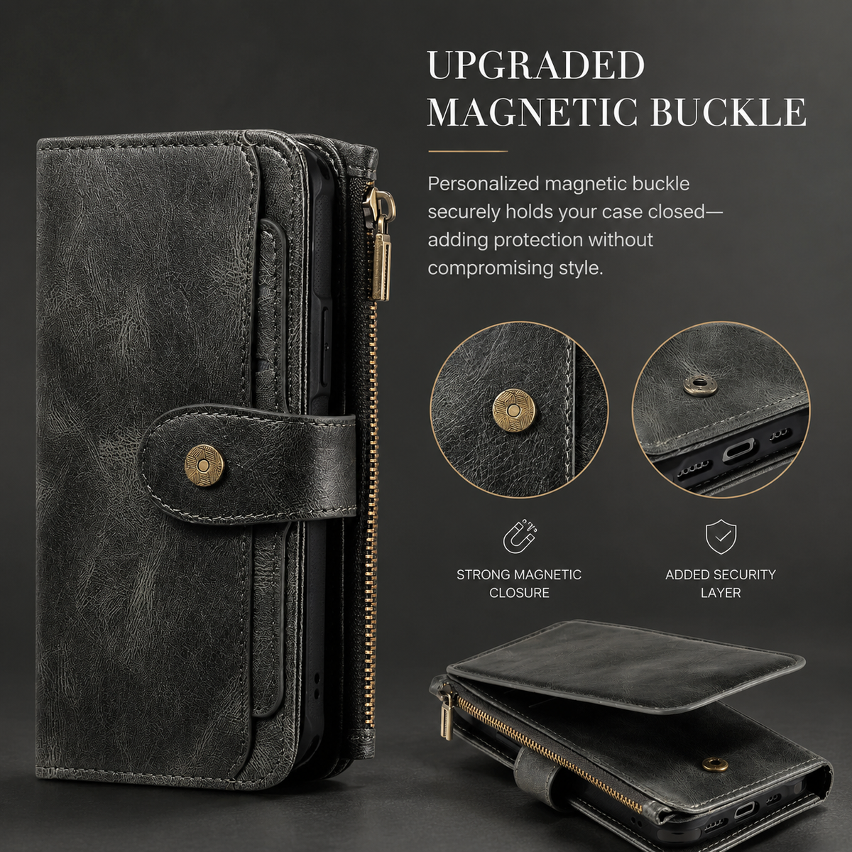 Premium iPhone Case Detachable Wallet Cover Zipper Card Holder PU Leather Shockproof Full Coverage Anti Fingerprint Non Slip Protective Design