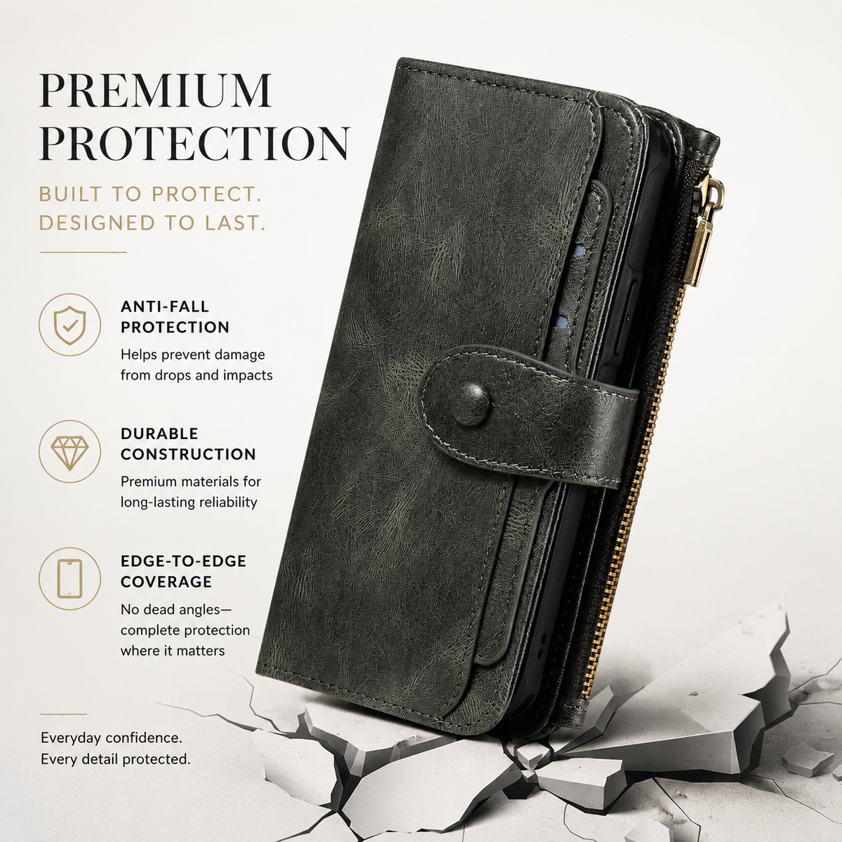 Premium iPhone Case Detachable Wallet Cover Zipper Card Holder PU Leather Shockproof Full Coverage Anti Fingerprint Non Slip Protective Design