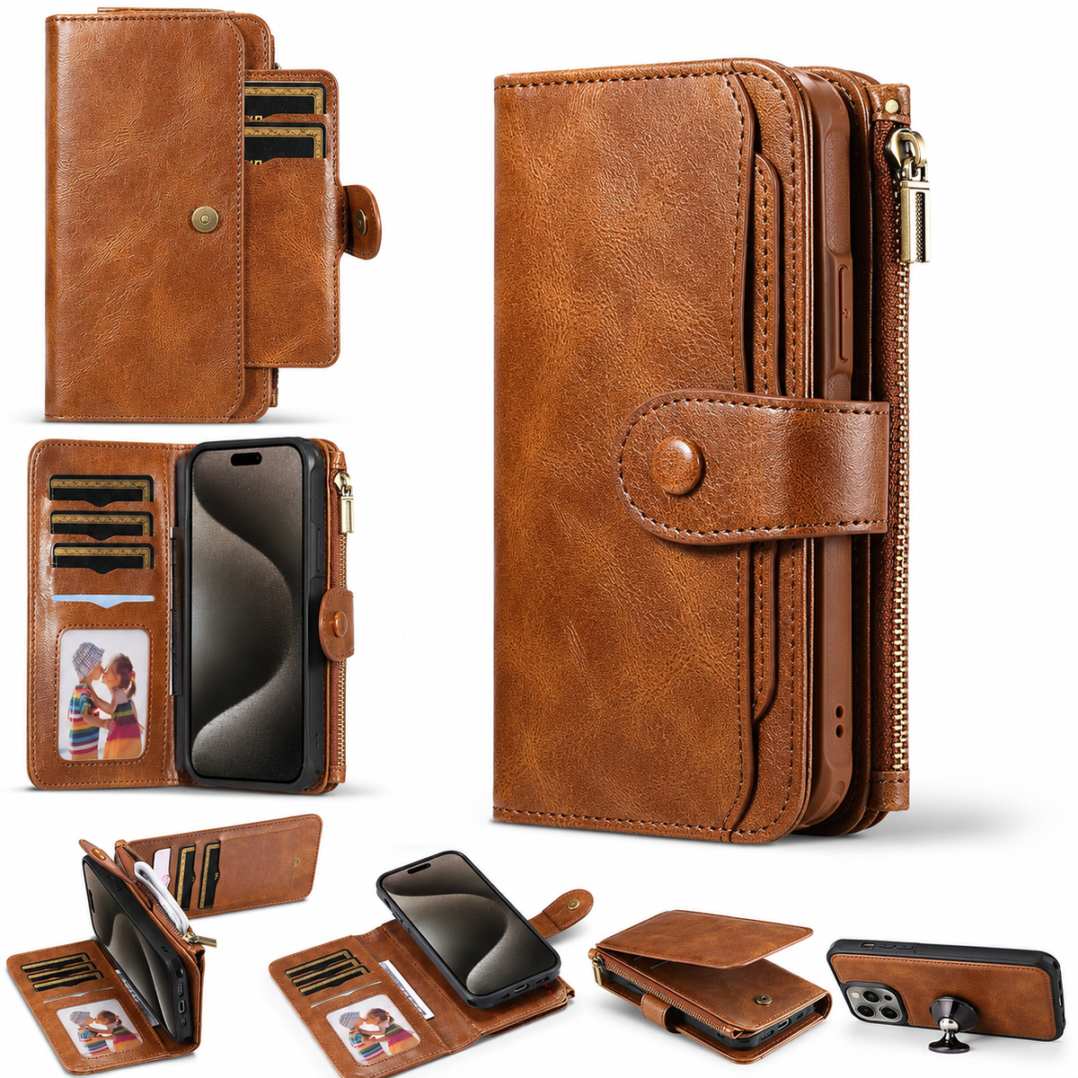Premium iPhone Case Detachable Wallet Cover Zipper Card Holder PU Leather Shockproof Full Coverage Anti Fingerprint Non Slip Protective Design