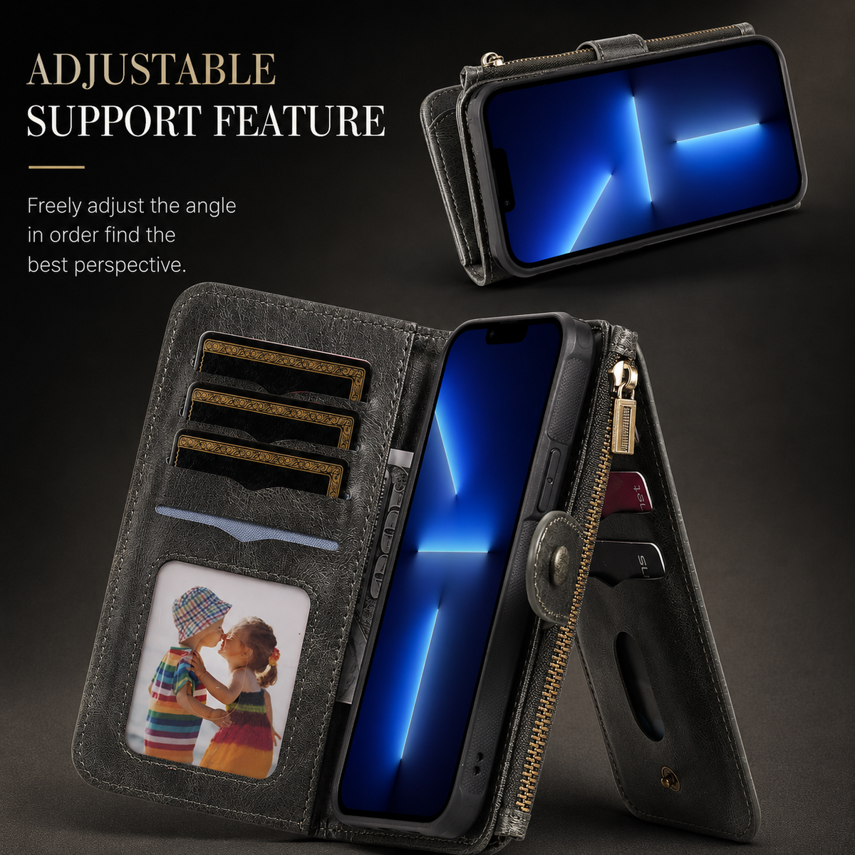 Premium iPhone Case Detachable Wallet Cover Zipper Card Holder PU Leather Shockproof Full Coverage Anti Fingerprint Non Slip Protective Design