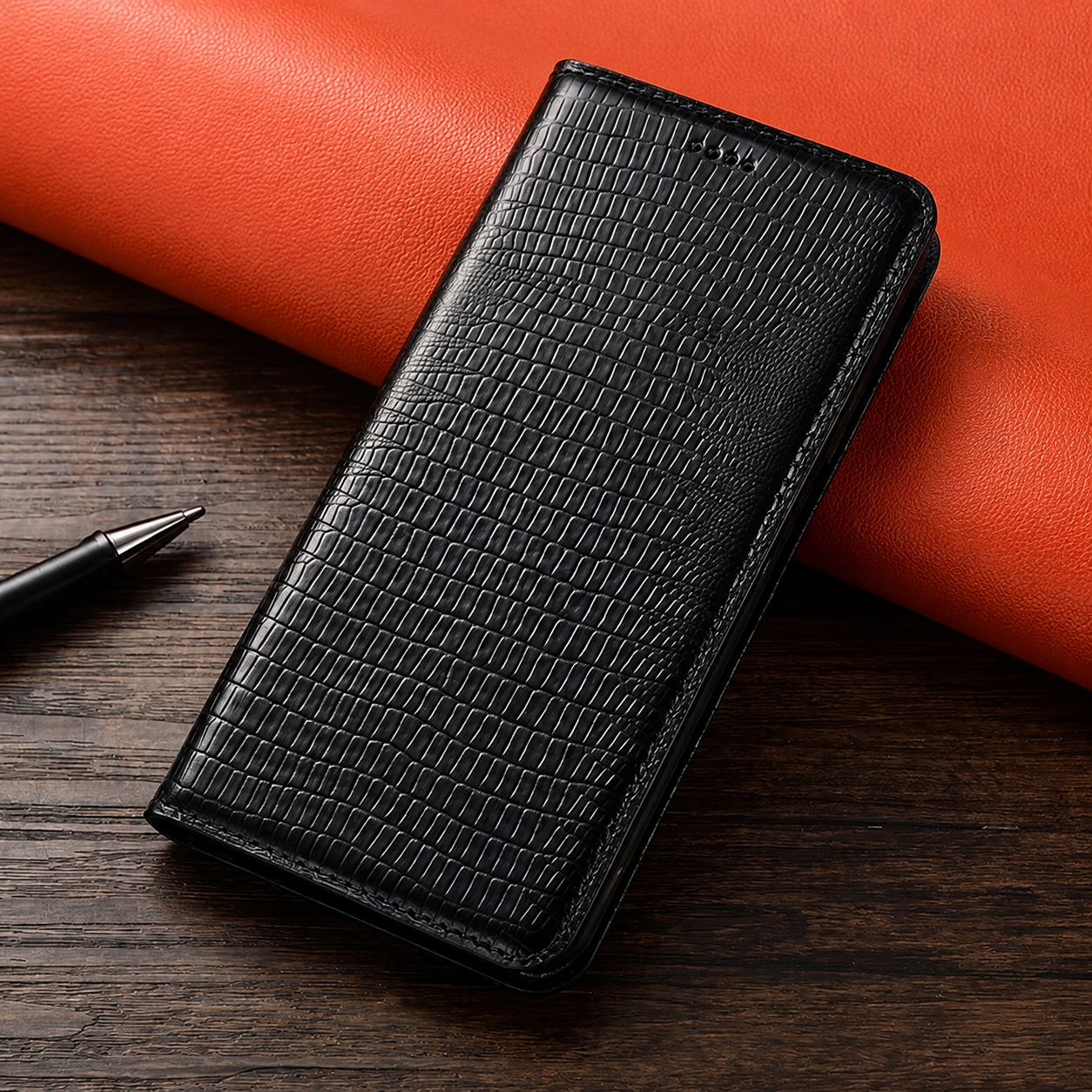 Premium iPhone Case Genuine Leather Flip Cover Wallet Card Holder Magnetic Closure Shockproof Camera Protection Crocodile Grain Stand Full Coverage