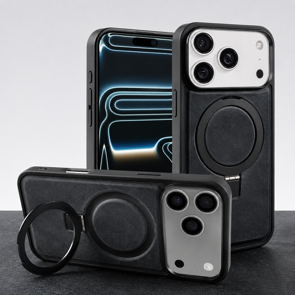 Premium iPhone Case Genuine Leather Magnetic Kickstand Foldable Bracket Stand Shockproof Protective Cover Slim Full Coverage Back Shell Design