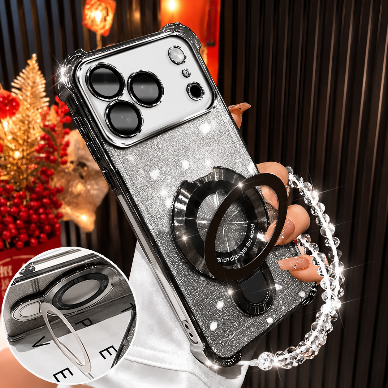 Premium iPhone Case Glitter Magnetic Bracelet Cover MagSafe Kickstand Shockproof Dual Layer Anti Fingerprint Non Slip Full Coverage Protective Design