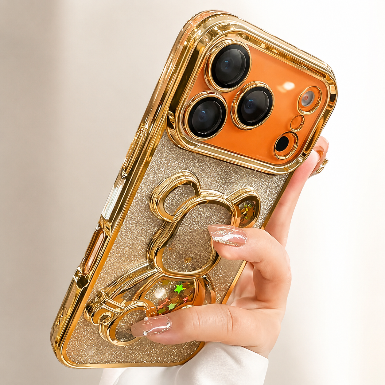 Premium iPhone Case Glitter Quicksand Bear Cover Shockproof Acrylic Plated Camera Protection Dustproof Full Coverage Anti Scratch Protective Design