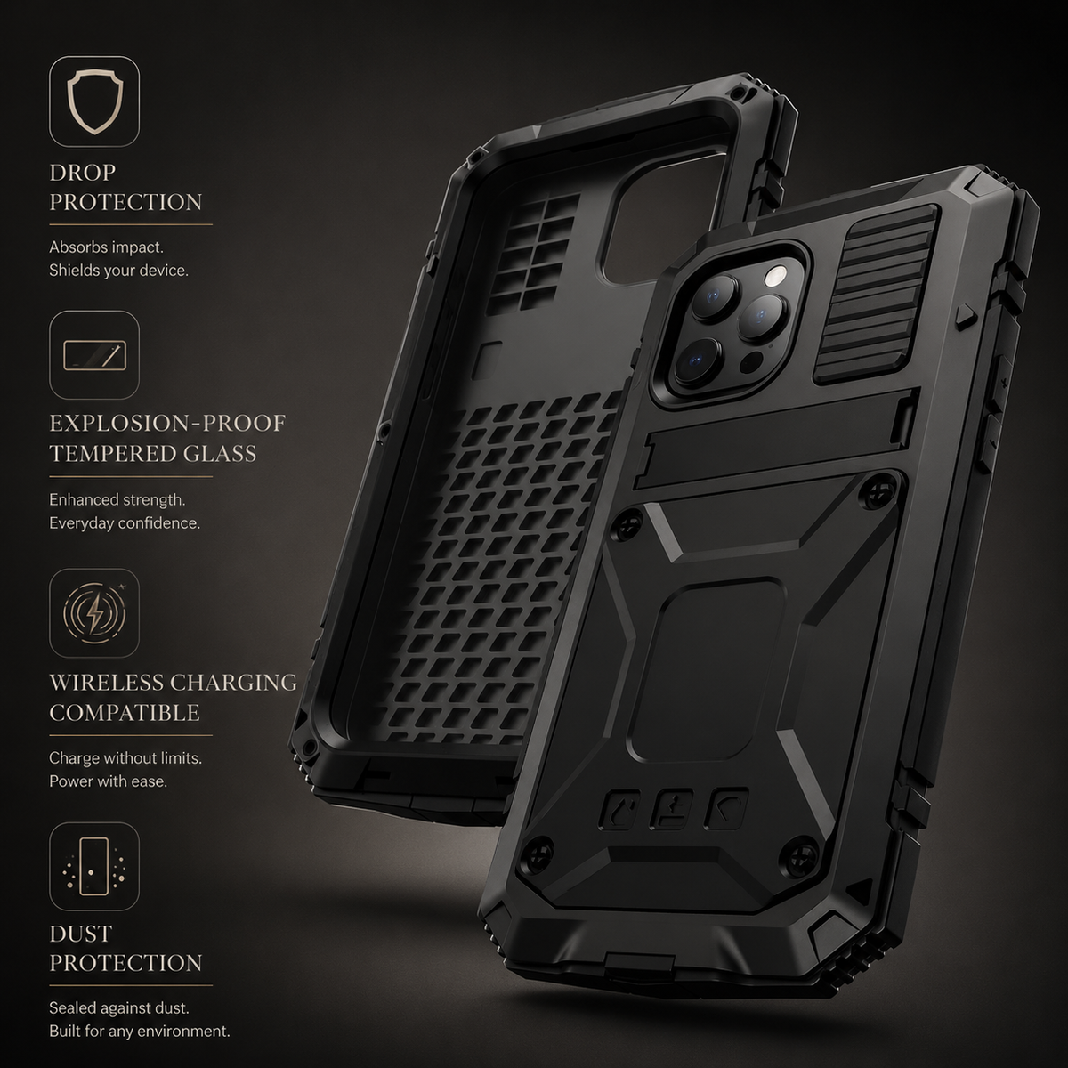 Premium iPhone Case Heavy Duty Aluminum Metal Armor Cover Tempered Glass Screen Shockproof Water Resistant Full Body Kickstand Camera Protection