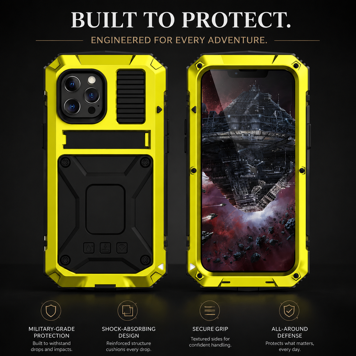 Premium iPhone Case Heavy Duty Aluminum Metal Armor Cover Tempered Glass Screen Shockproof Water Resistant Full Body Kickstand Camera Protection