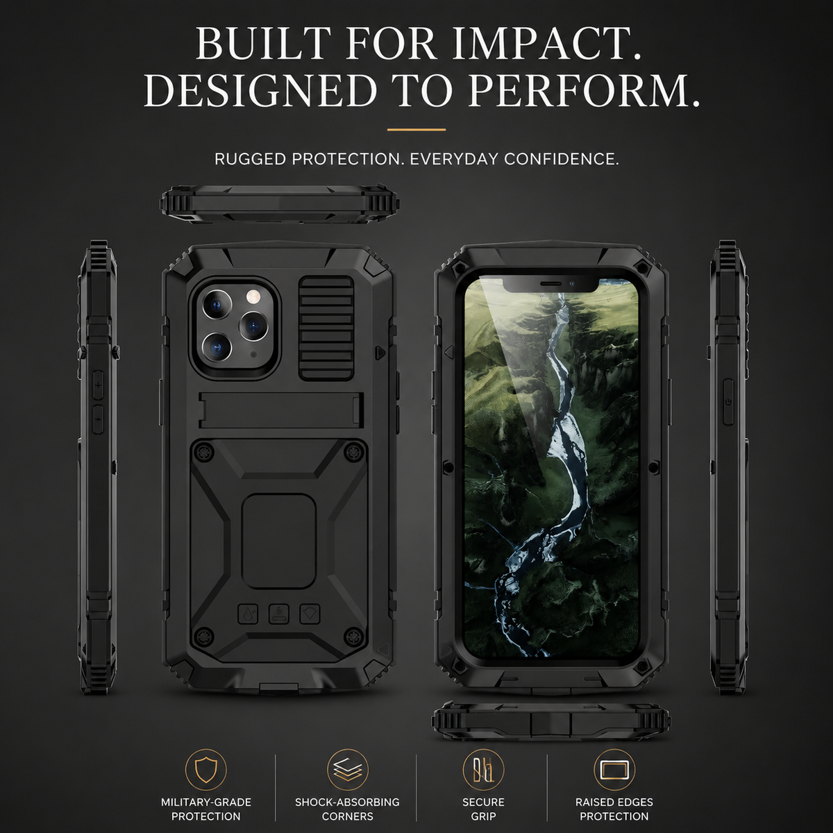 Premium iPhone Case Heavy Duty Aluminum Metal Armor Cover Tempered Glass Screen Shockproof Water Resistant Full Body Kickstand Camera Protection