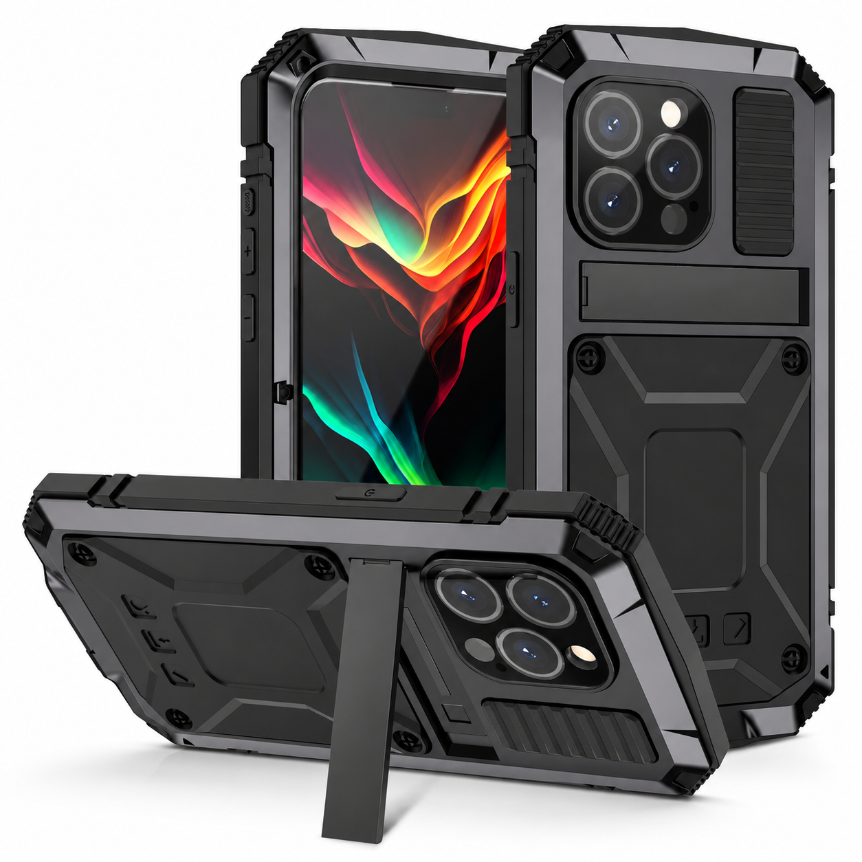 Premium iPhone Case Heavy Duty Aluminum Metal Armor Cover Tempered Glass Screen Shockproof Water Resistant Full Body Kickstand Camera Protection