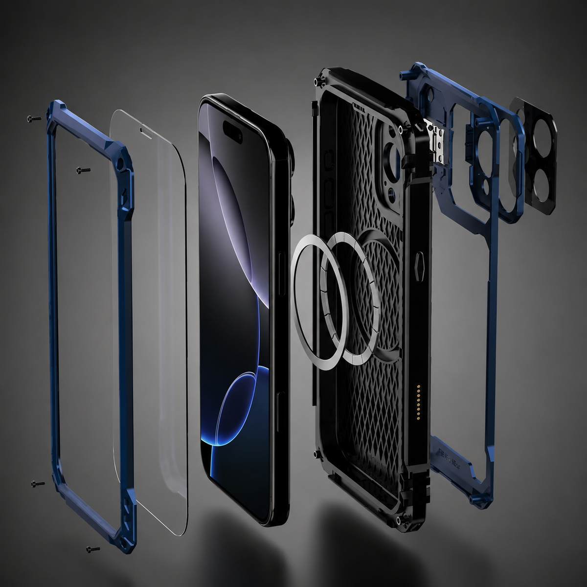 Premium iPhone Case Heavy Duty Metal MagSafe Cover Camera Guard Kickstand 9H Screen Protector Shockproof Aluminum Bumper Full Coverage Protective Design