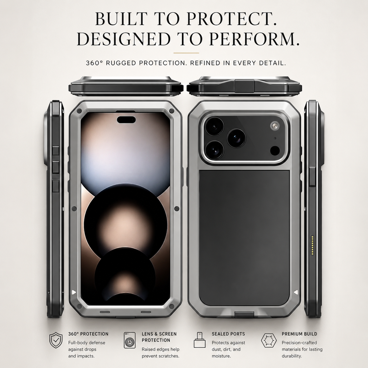 Premium iPhone Case Heavy Duty Metal Protective Cover Built In Glass Screen Protector Shockproof TPU PC Rugged Camera Protection Full Coverage