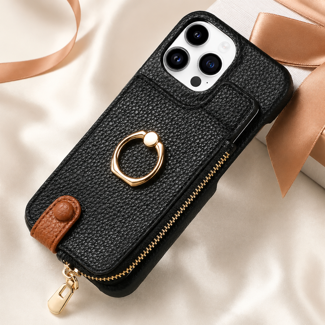 Premium iPhone Case Leather Zipper Wallet Cover MagSafe Compatible Card Holder Ring Kickstand Magnetic Closure Shockproof Camera Protection Full Coverage
