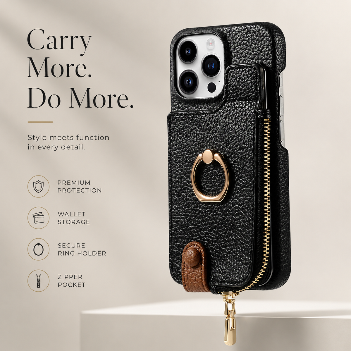 Premium iPhone Case Leather Zipper Wallet Cover MagSafe Compatible Card Holder Ring Kickstand Magnetic Closure Shockproof Camera Protection Full Coverage