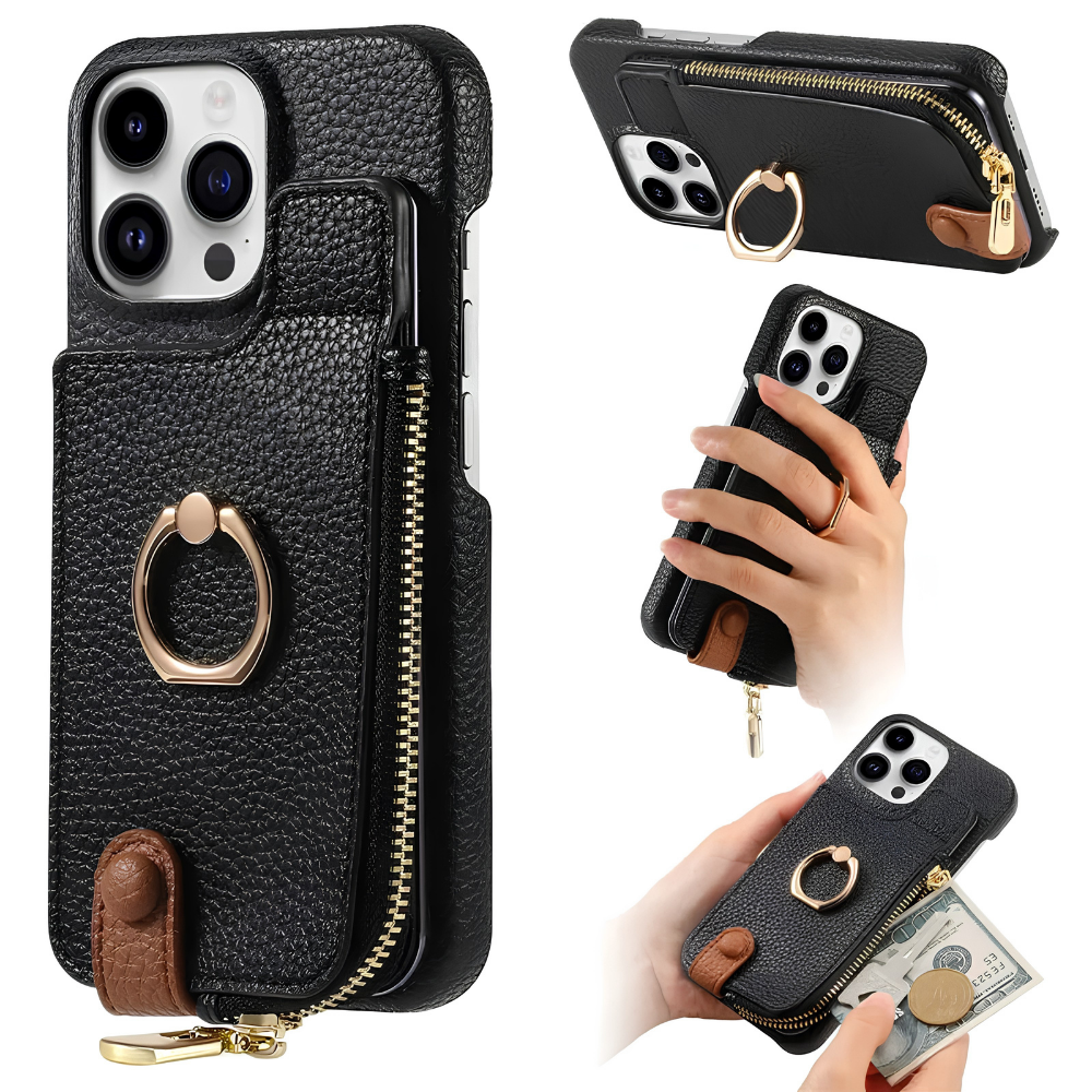 Premium iPhone Case Leather Zipper Wallet Cover MagSafe Compatible Card Holder Ring Kickstand Magnetic Closure Shockproof Camera Protection Full Coverage
