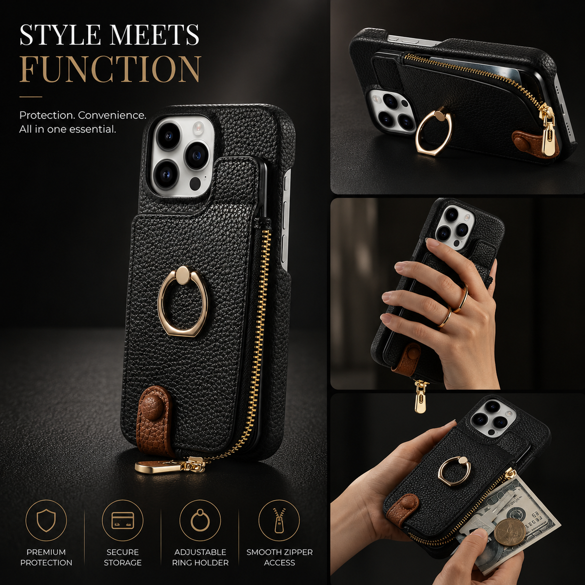 Premium iPhone Case Leather Zipper Wallet Protective Cover Card Holder Ring Kickstand Magnetic Closure Shockproof Anti Fingerprint Full Body Protection