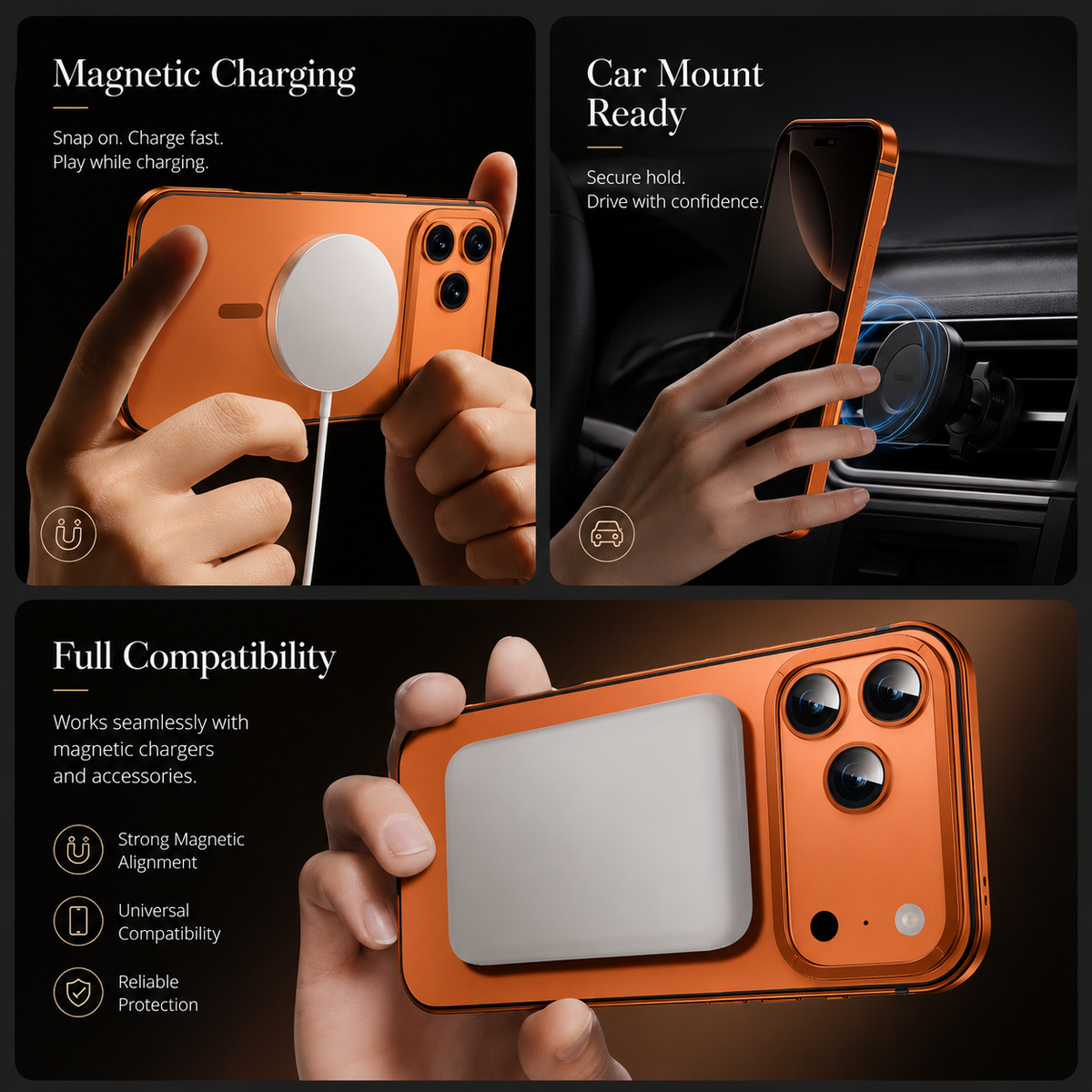 Premium iPhone Case MagSafe Compatible Aluminum Alloy Matte Hard Back Cover Shockproof Magnetic Glass Camera Protection Anti Fingerprint Slim Lightweight Protective Case
