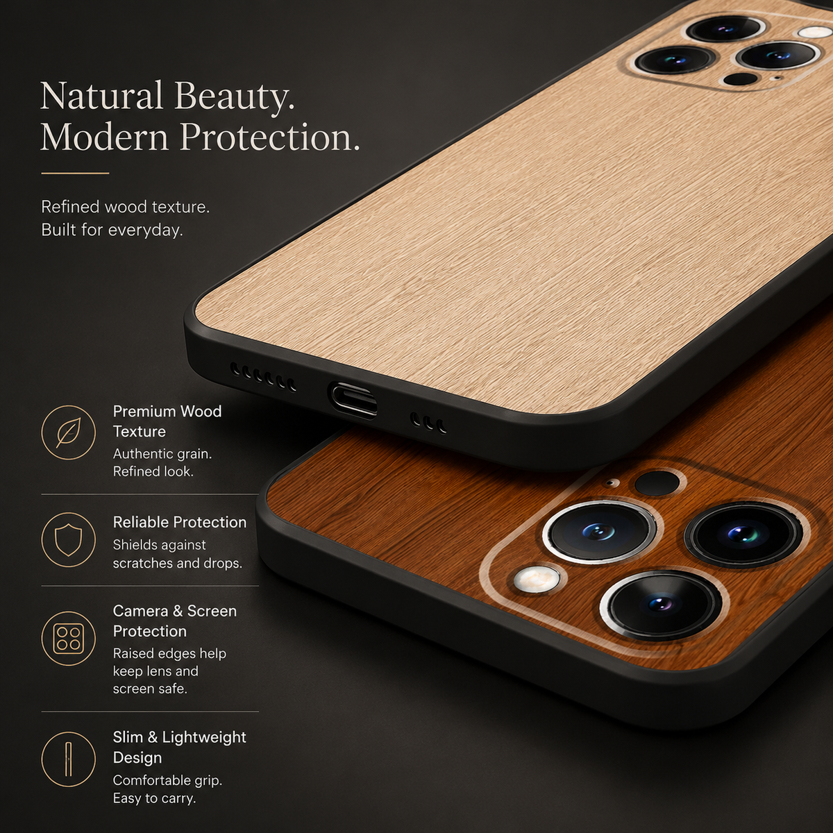 Premium iPhone Case MagSafe Compatible Bamboo Wood Grain Cover Metallic Frame Shockproof Protective Slim Camera Lens Protection Natural Design