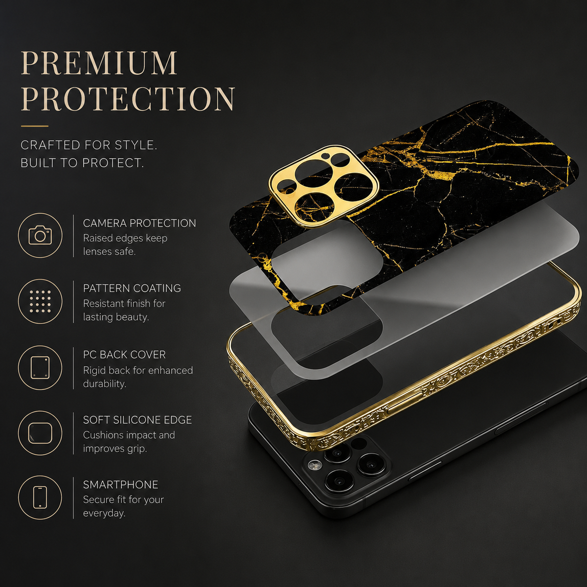 Premium iPhone Case MagSafe Compatible Black Marble Texture Magnetic Cover Gold Edge Shockproof Protective Camera Lens Guard 3D Grip Slim Design