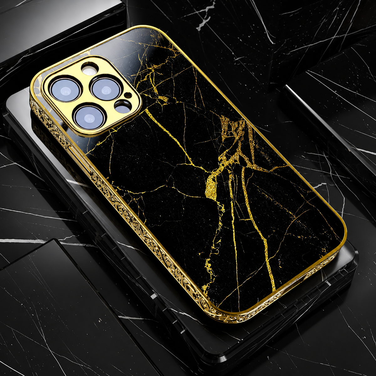 Premium iPhone Case MagSafe Compatible Black Marble Texture Magnetic Cover Gold Edge Shockproof Protective Camera Lens Guard 3D Grip Slim Design