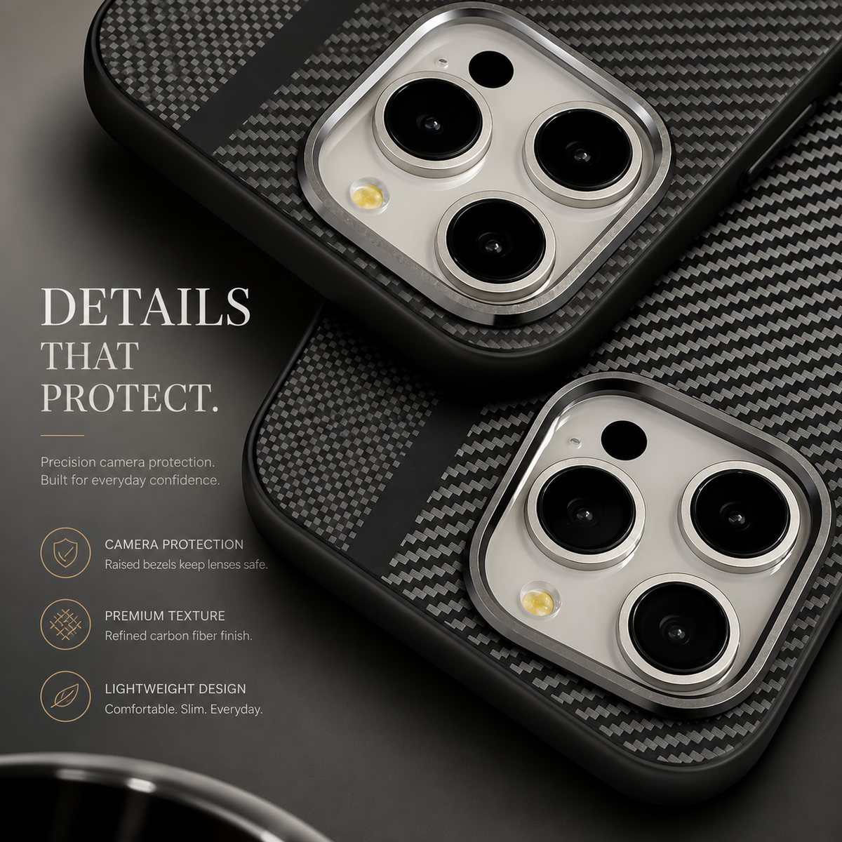 Premium iPhone Case MagSafe Compatible Carbon Fiber Cover Hybrid Shockproof Airbag Corners Metal Camera Guard Anti Fingerprint Slim Design