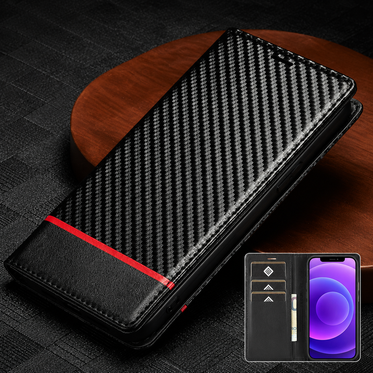 Premium iPhone Case MagSafe Compatible Carbon Fiber Leather Flip Wallet Cover Card Holder Stand Magnetic Shockproof Camera Lens Protection Slim Design