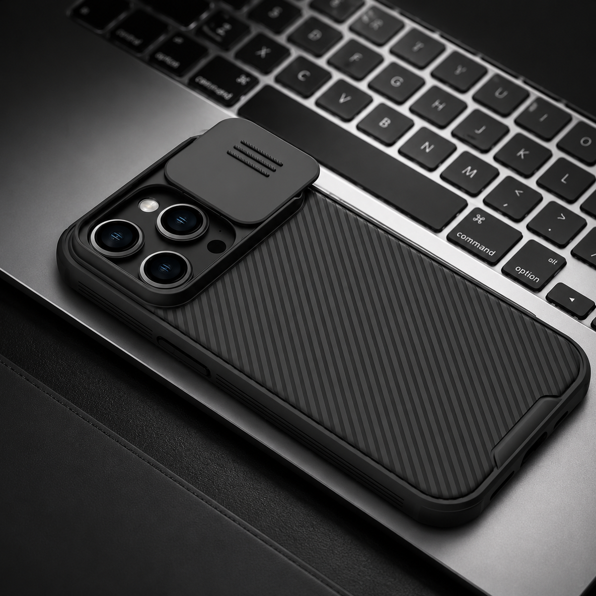 Premium iPhone Case MagSafe Compatible Carbon Fiber Texture Sliding Camera Cover Magnetic Cover Shockproof Protective Lens Guard Slim Design