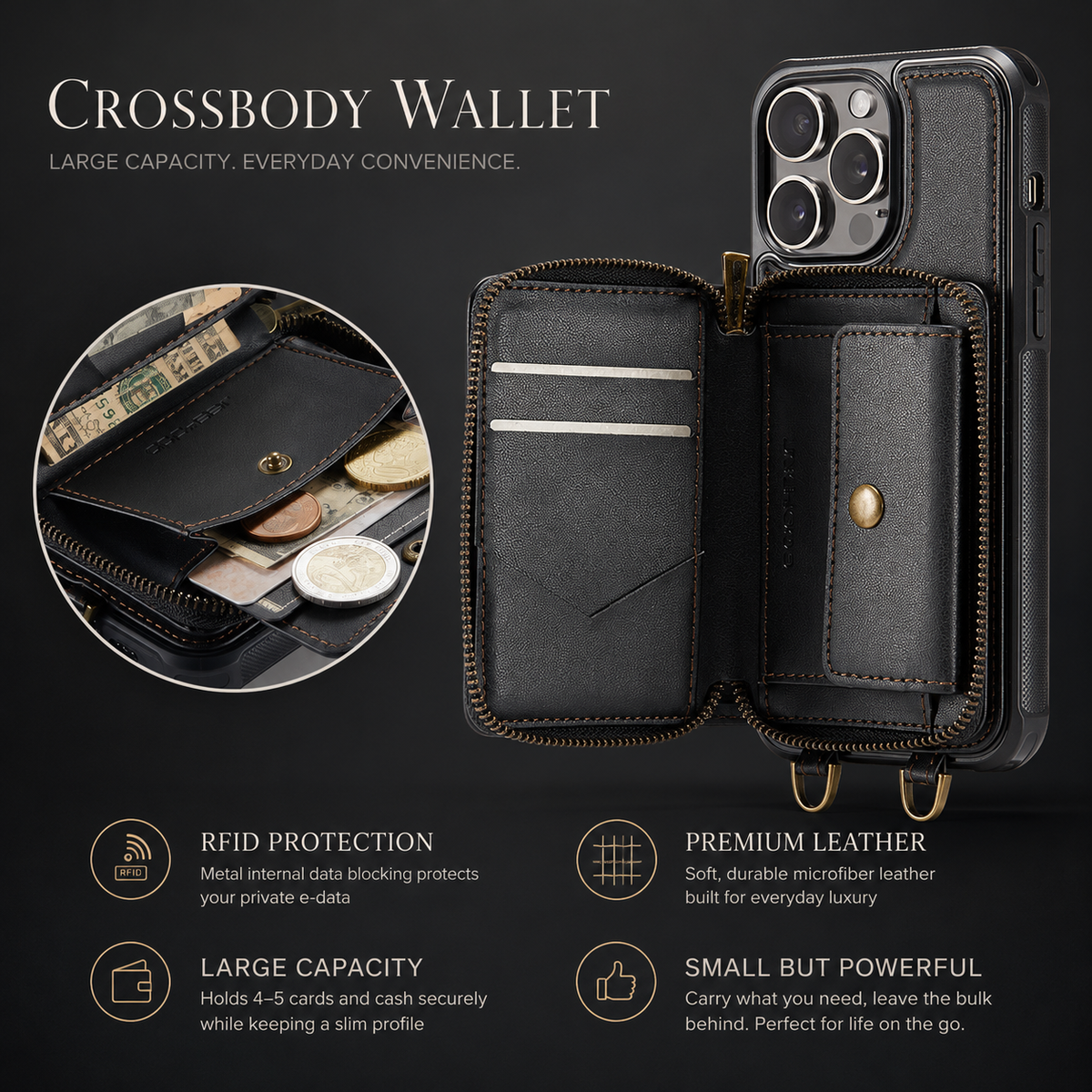 Premium iPhone Case MagSafe Compatible Crossbody Wallet Cover PU Leather Card Holder Phone Chain Stand Magnetic Closure Shockproof Full Coverage