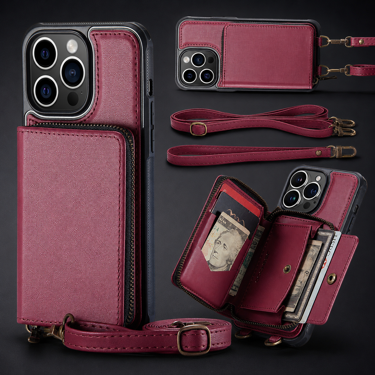 Premium iPhone Case MagSafe Compatible Crossbody Wallet Cover PU Leather Card Holder Phone Chain Stand Magnetic Closure Shockproof Full Coverage