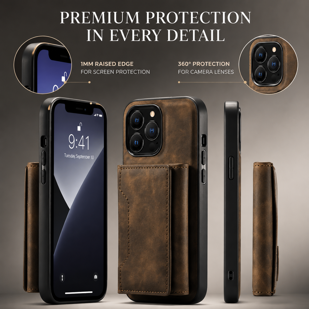 Premium iPhone Case MagSafe Compatible Detachable Leather Wallet Cover Card Holder Magnetic Stand Shockproof Protective Camera Lens Guard Slim Design