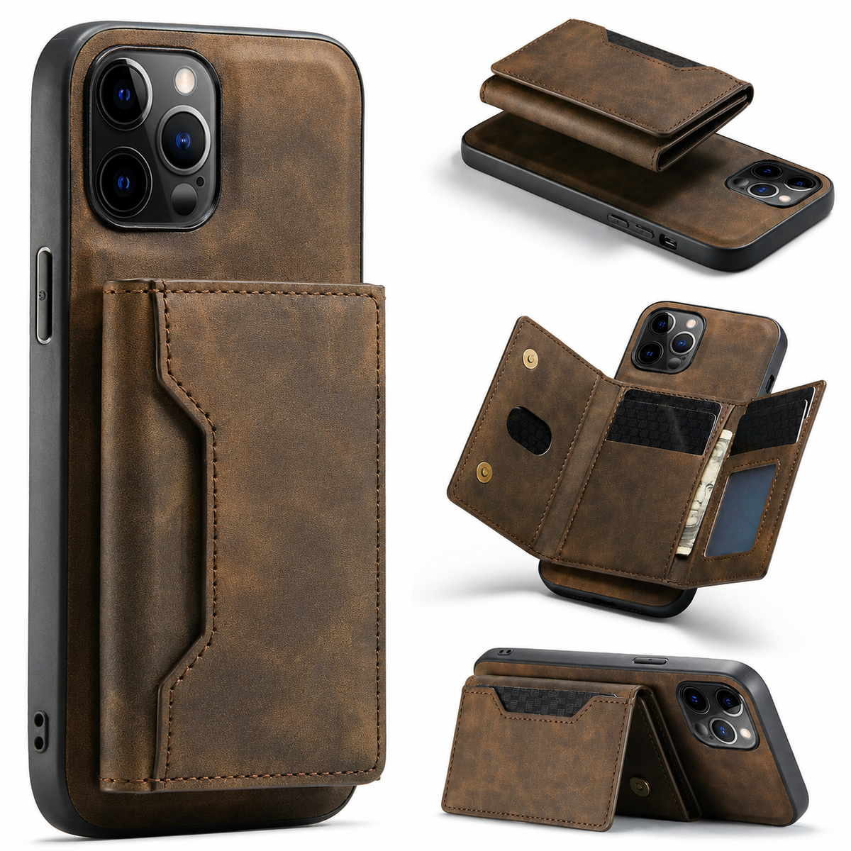 Premium iPhone Case MagSafe Compatible Detachable Leather Wallet Cover Card Holder Magnetic Stand Shockproof Protective Camera Lens Guard Slim Design
