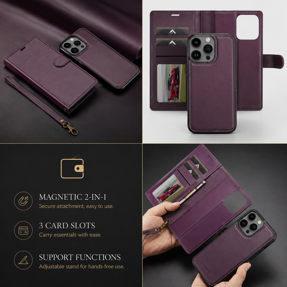Premium iPhone Case MagSafe Compatible Detachable Leather Wallet Cover Flip Stand Card Holder Magnetic Shockproof Camera Lens Protection Slim Design
