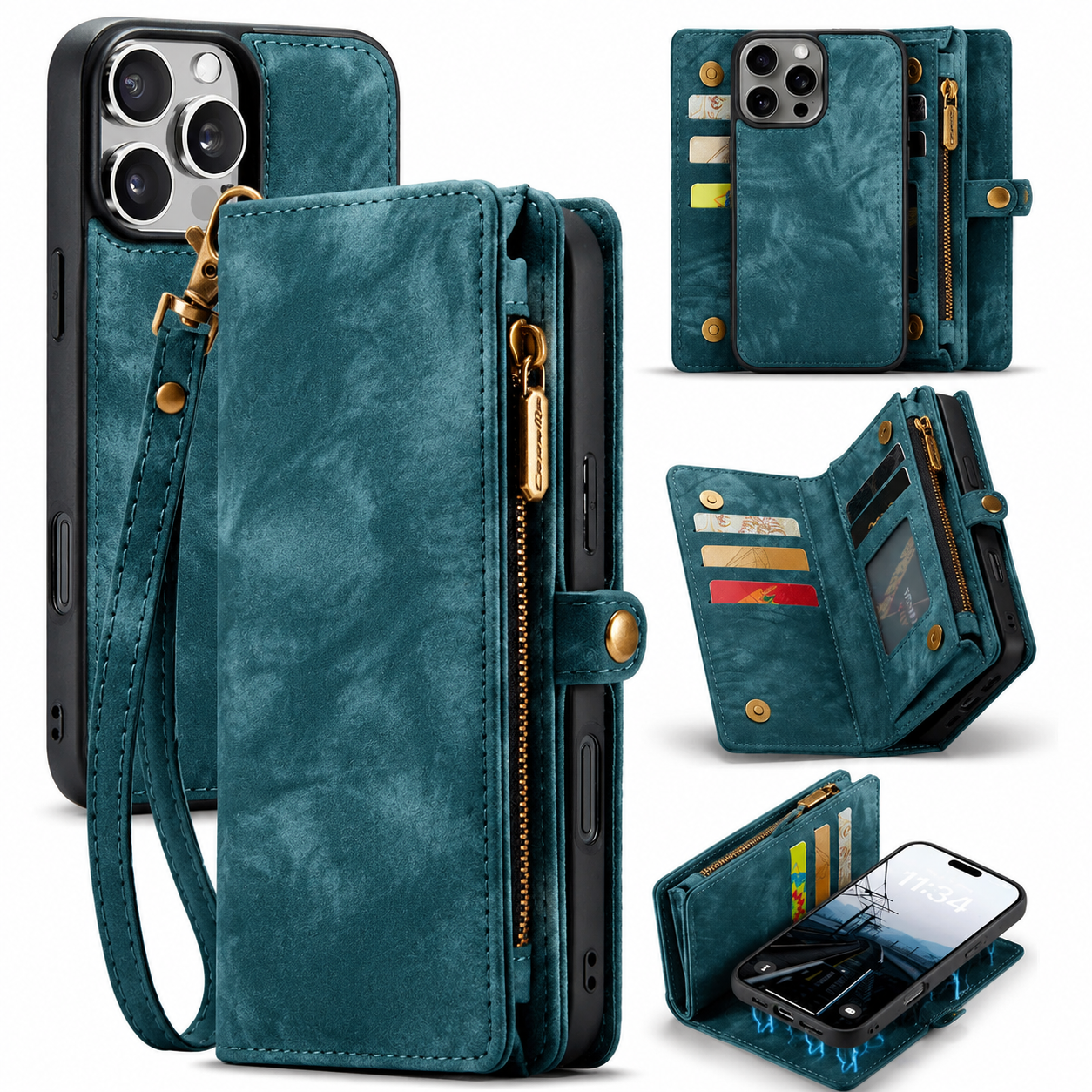Premium iPhone Case MagSafe Compatible Detachable Leather Wallet Cover Flip Stand Card Holder Magnetic Shockproof Camera Lens Protection Slim Design